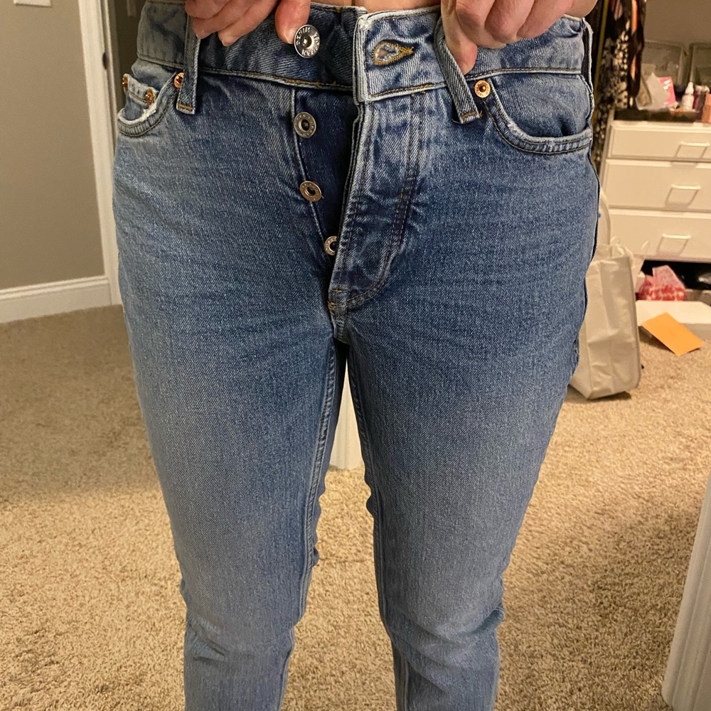 Top Man stretch skinny unisex button down jeans. For the mens fit look for women